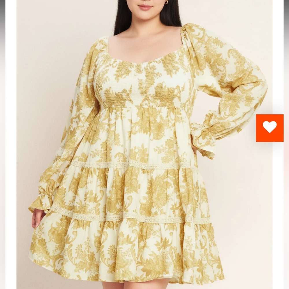 Smocked White & Gold Long Sleeve Tiered Mini Dress women large adorable cottage